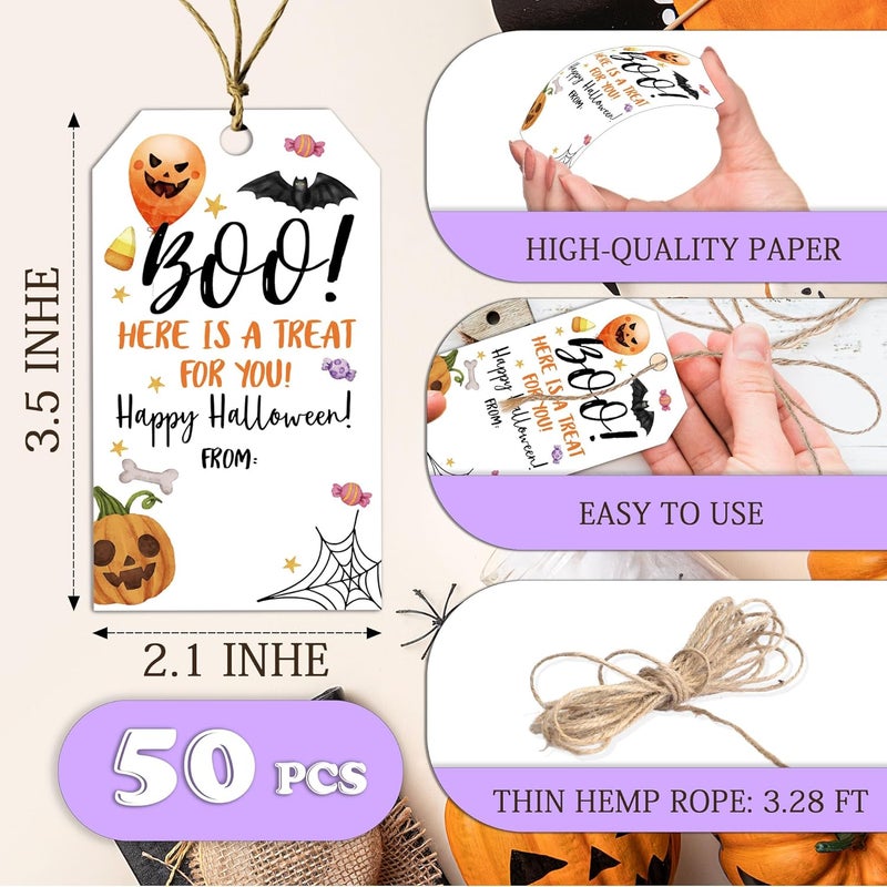 RPLCSPC Black Halloween Paper Gift Tags with String-50Pcs, Here is A Treat for You Happy Halloween Cute Ghost Boo Tags for Goodie Bags, 2 x 3.5 Inch Hanging Labels for Decor Party Supplies, Gift Wrapping-B10 - Image 2
